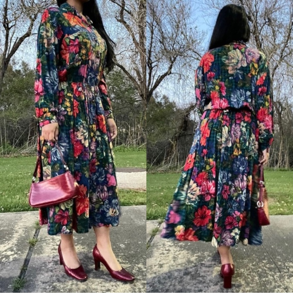 🔥VTG 80s America Perry Ellis Floral Preppy Formal Cocktail Midi Dress Sz 14